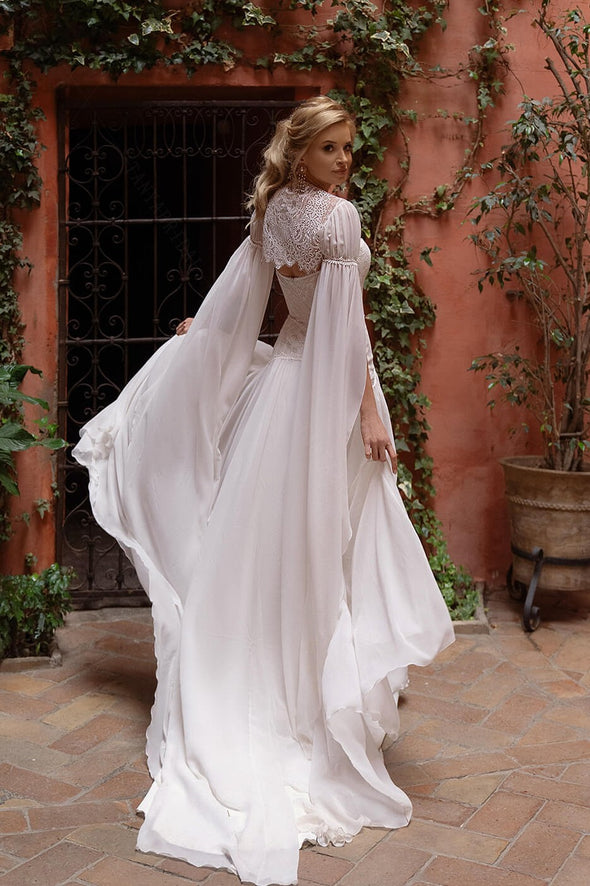 A Line Chiffon Wedding Dresses Long Cape Sleeve Noivas Chic ZW851