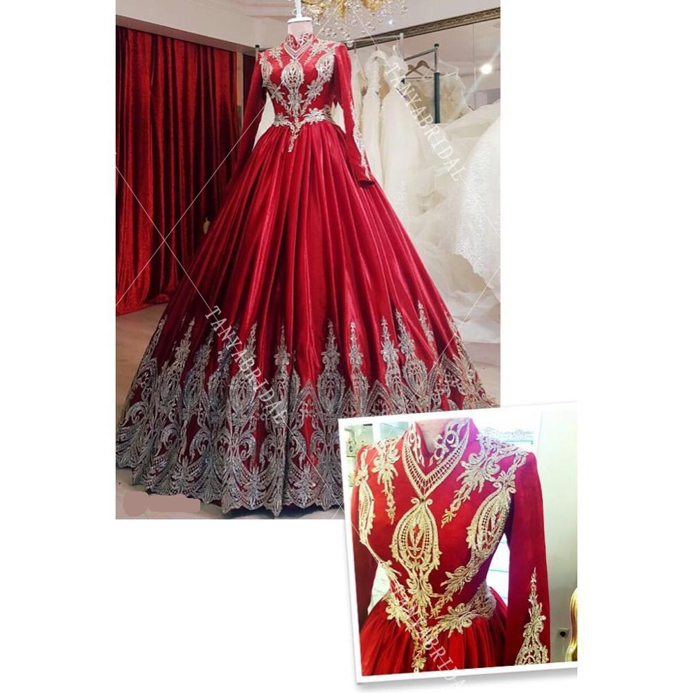 Long Sleeve Gold Appliques Wedding Dresses High Neck Lace Up Muslim Ge ...
