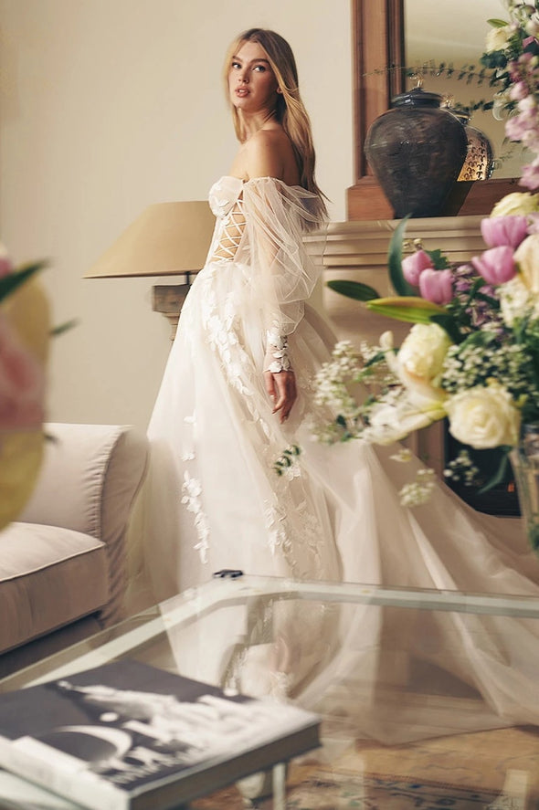 Mesh Wedding Dress With Removable Puff Sleeves Vestidos De Novia
