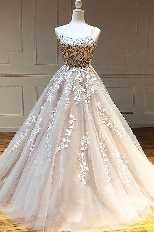 A Line Lace Appliques Champagne Prom Dresses Long TANYA BRIDAL A Line Lace Appliques Champagne Prom Dresses Long TANYA BRIDAL