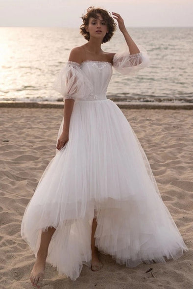 A Line Tulle High Low Beach Wedding Dress With Detachable Sleeves