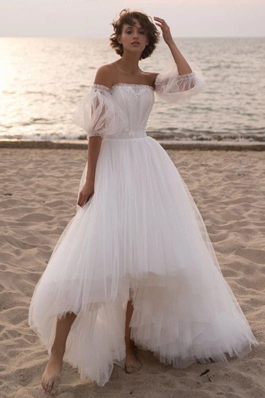 A Line Tulle High Low Beach Wedding Dress With Detachable Sleeves TANYA BRIDAL A Line Tulle High Low Beach Wedding Dress With Detachable Sleeves TANYA BRIDAL
