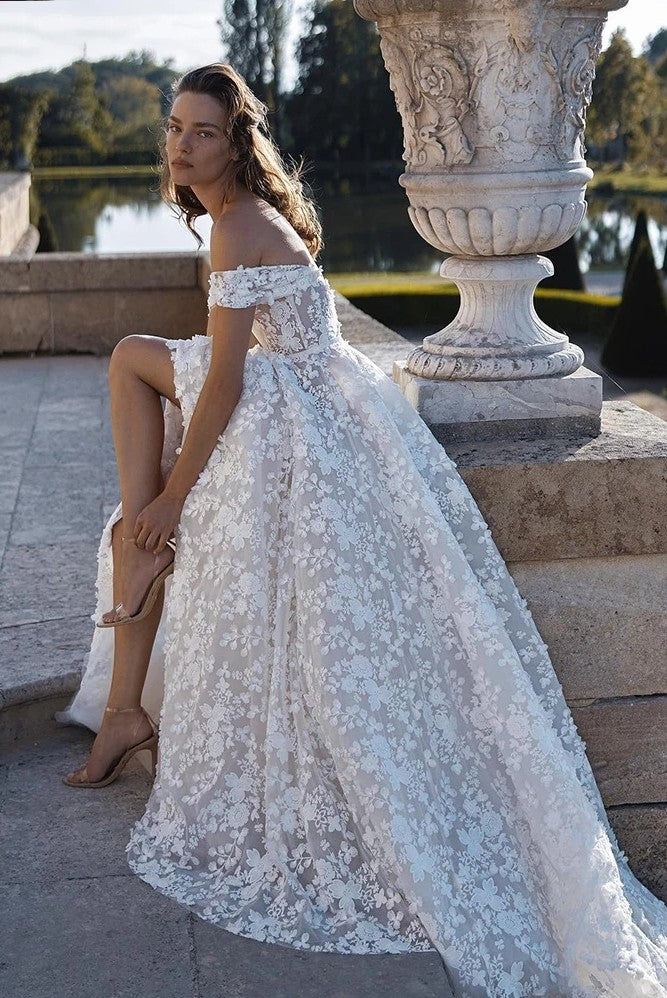 Boat Neck 3D Lace Flowers Wedding Dresses ZW945 TANYA BRIDAL Boat Neck 3D Lace Flowers Wedding Dresses ZW945 TANYA BRIDAL