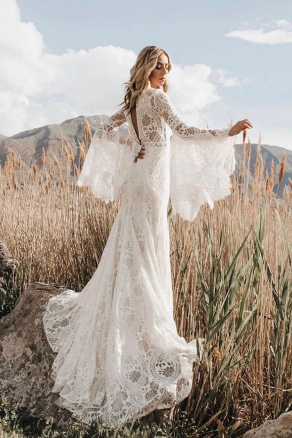 Bohemian Lace Wedding Dress Long Sleeves V Back Mermaid SPF069