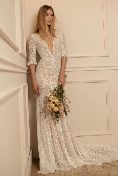 Half Sleeve Lace Mermaid Wedding Dresses V-Neck ZW946