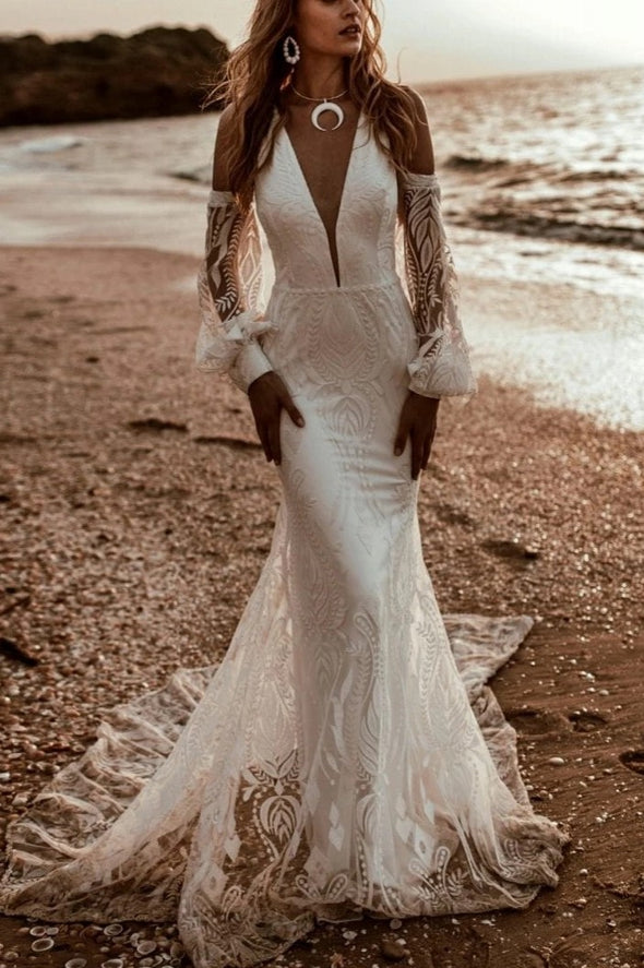 Bohemian Open Back Detachable Sleeve Mermaid Lace Wedding Dress