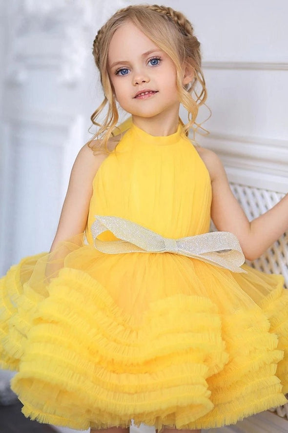 Yellow Baby Bow Puffy Flower Girl Dresses