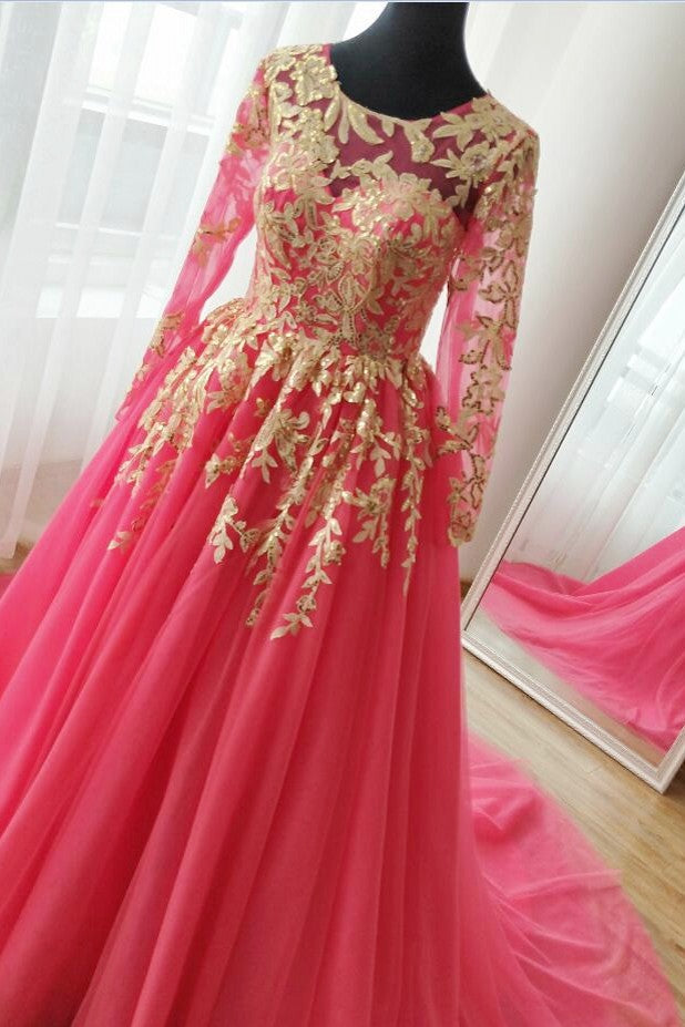 Hot Pink Long Muslim Wedding Dress With Gold Sequins Applique - Hot Pink Long Muslim Wedding Dress With Gold Sequins Applique -