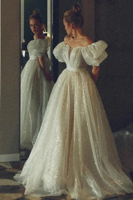 Shiny Glitter Wedding Dresses With Puff Short Sleeve TANYA BRIDAL Shiny Glitter Wedding Dresses With Puff Short Sleeve TANYA BRIDAL