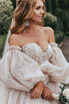 Detachable Puff Sleeve Glitter Sparky Lace Wedding Gowns