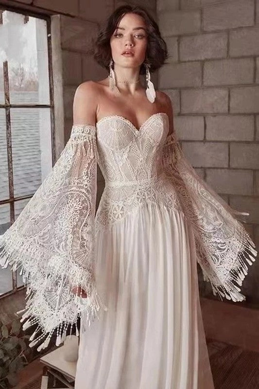 Chic Boho Lace Tassel Flared Sleeves Backless Beach Wedding Dress