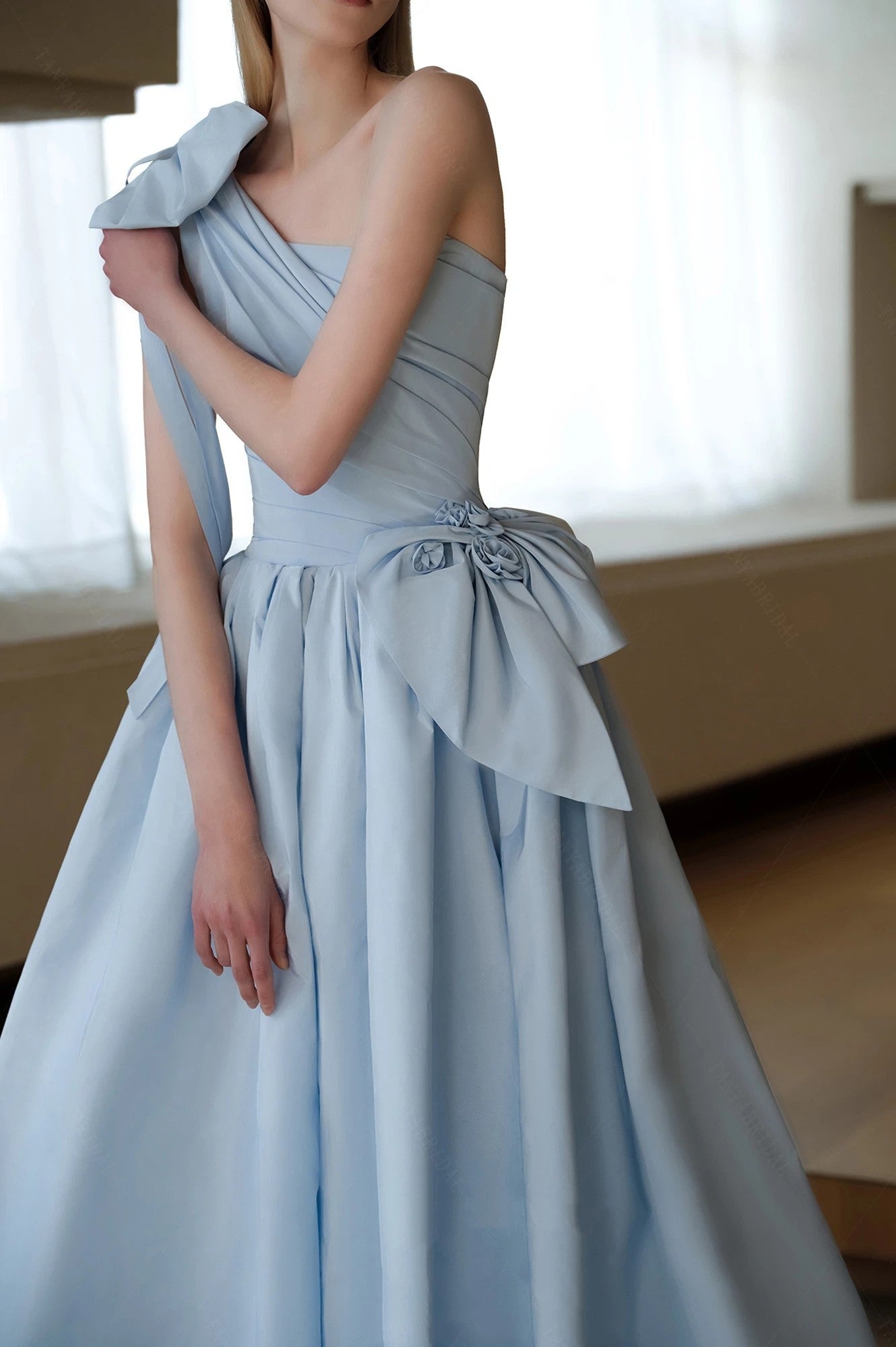 Sky Blue Taffeta Wedding Dresses One Shoulder With Bow ZW836 TANYA BRIDAL Sky Blue Taffeta Wedding Dresses One Shoulder With Bow ZW836 TANYA BRIDAL