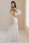 Mermaid Lace Wedding Dresses With Detachable Puff Sleeves Champagne Lining ZW922