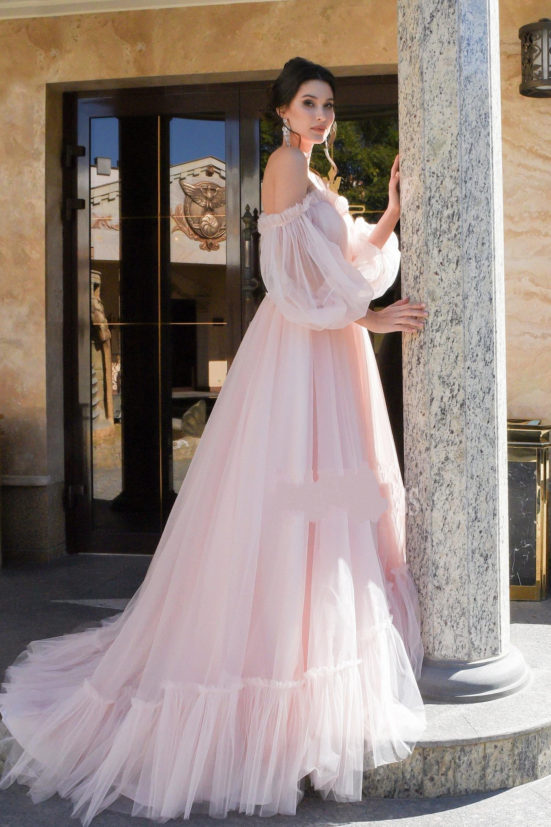 boho dress with train Boho A-Line Wedding Dress Long Sleeve V-Neck Tulle Lace Applique Floor Length Chapel Train Ivory