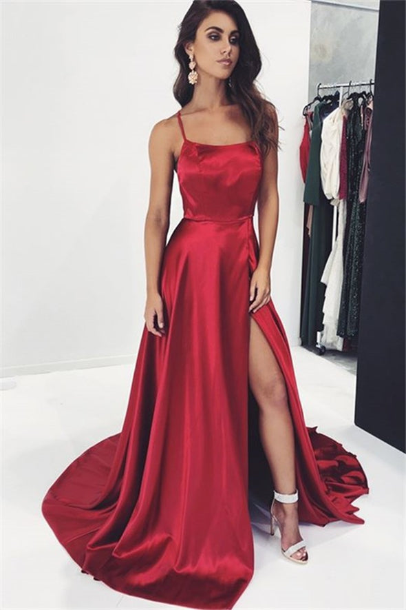 Prom Gown High Slit Spaghetti Straps Cross Back Evening Dress