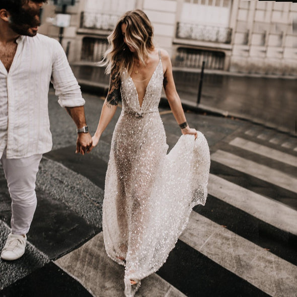 Deep V-Neck Luxury Sexy Backless Boho Wedding Dresses Vestido De noivas ZW390