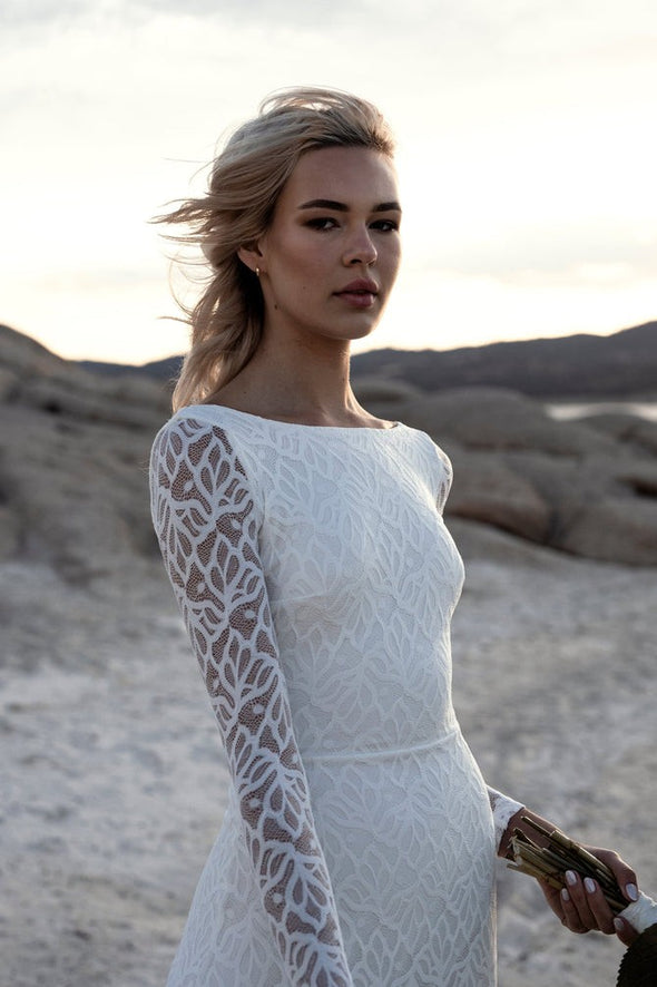 Backless Lace Bohemian Long Sleeves Split Wedding Dresses