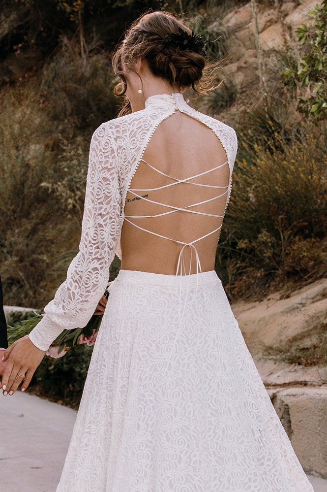 Two Pieces Lace High Collar Cross Back A Line Wedding Dress TANYA BRIDAL Two Pieces Lace High Collar Cross Back A Line Wedding Dress TANYA BRIDAL