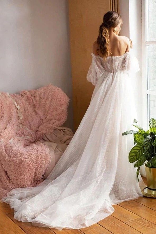 Dot Tulle A Line Wedding Dress Sweetheart Puff Sleeves