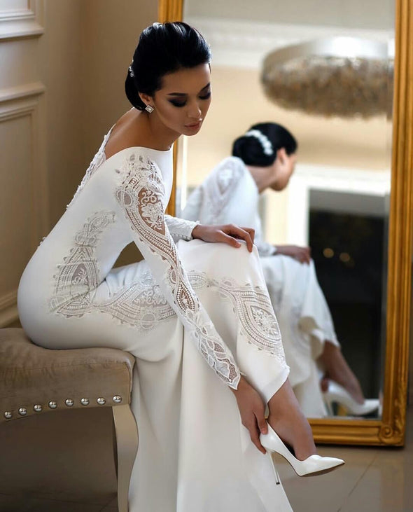 Modest Mermaid Wedding Dresses Lace Appliqued