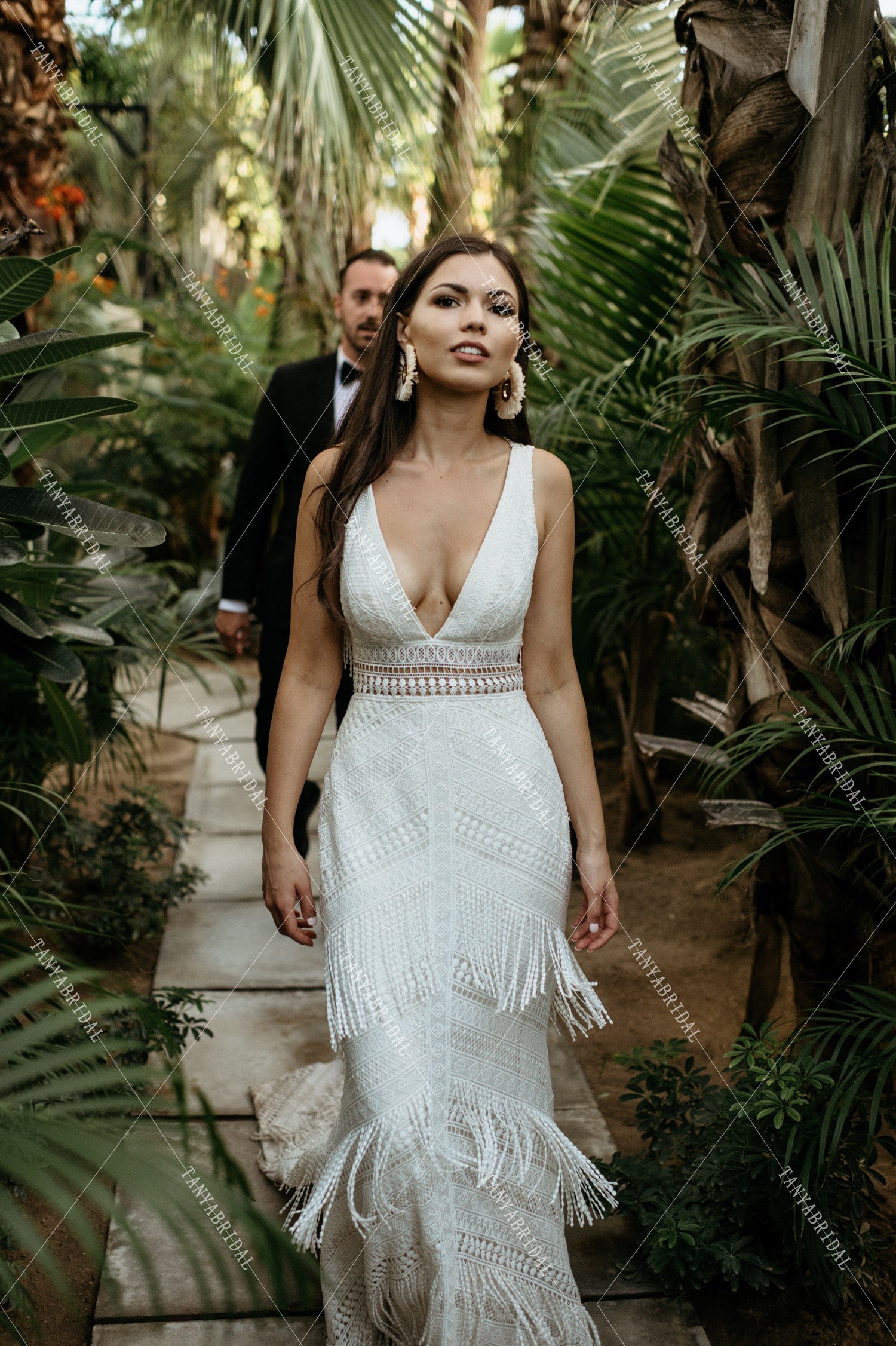 fringe bridesmaid dresses Bohemian Mermaid fringe wedding dress with Fringe, V-Neck, Tassel Detailing, and Appliques Lace