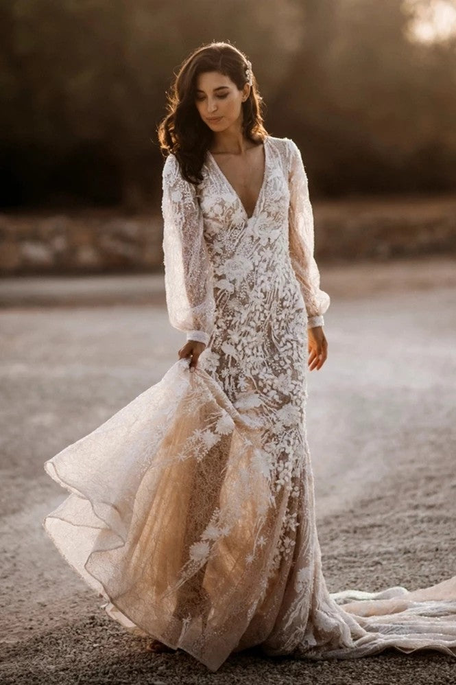 Western Lace Long Sleeve Wedding Dress Western Style Bridal