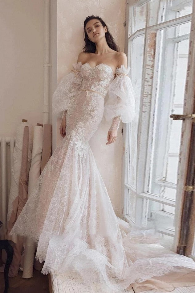 Gorgeous Wedding Dress Balloon Sleeve Mermaid Lace Appliqu TANYA BRIDAL Gorgeous Wedding Dress Balloon Sleeve Mermaid Lace Appliqu TANYA BRIDAL