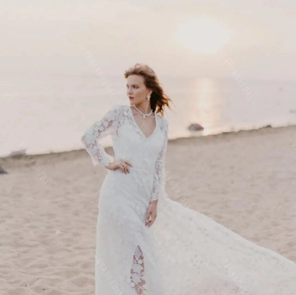 Long Flare Sleeve Lace Wedding Dresses Noivas chic DW569