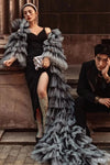 Black and Grey Layered Tulle and Feather luxury Cape Wedding Long Jacket ZJ049
