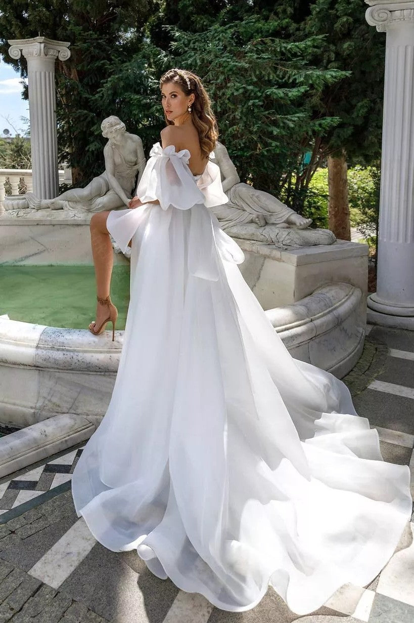 Organza Satin Fashion Wedding Dresses With Detachable Puffy Sleeves – TANYA BRIDAL Organza Satin Fashion Wedding Dresses With Detachable Puffy Sleeves – TANYA BRIDAL