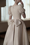 A Line Satin Vintage Champagne Puff Sleeve Wedding Dresses ZW835