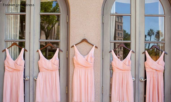 Chiffon Bridesmaid Dress Pink V-neck Backless Ruched Maid of Honor Gown