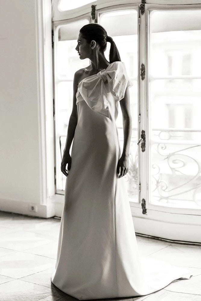 One Shoulder Elegant Mermaid Wedding Dress With Removeable Bow ZW809 TANYA BRIDAL One Shoulder Elegant Mermaid Wedding Dress With Removeable Bow ZW809 TANYA BRIDAL