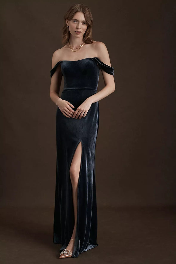 French Blue Velvet Long Bridesmaid Dress Off The Shoulder Strap