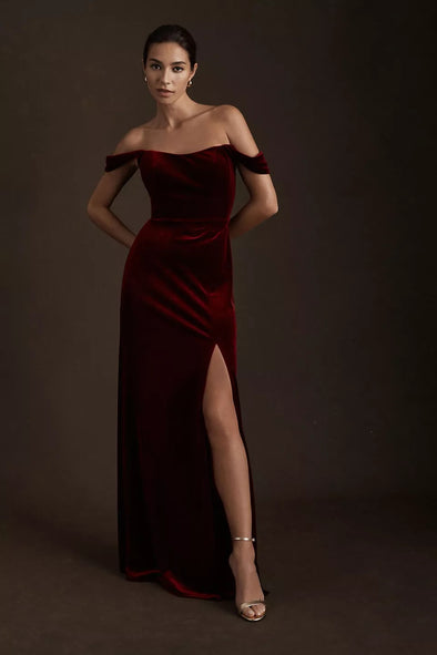 Dark Berry Velvet Long Bridesmaid Dress Off The Shoulder