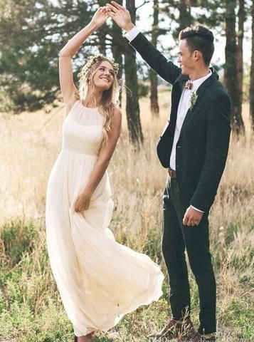 Elegant Bohemian Long Wedding Dresses A Line Chiffon Bride Gown