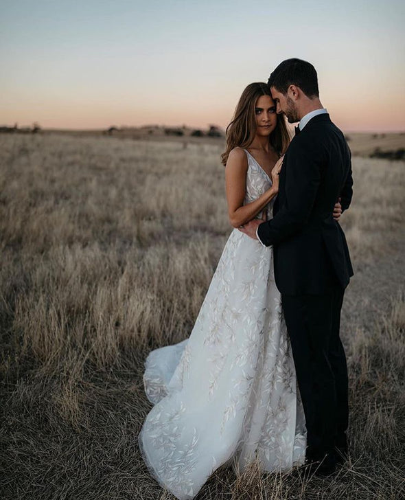 Unique Lace V Neck A Line Bohemian Long Wedding Dresses TB1407