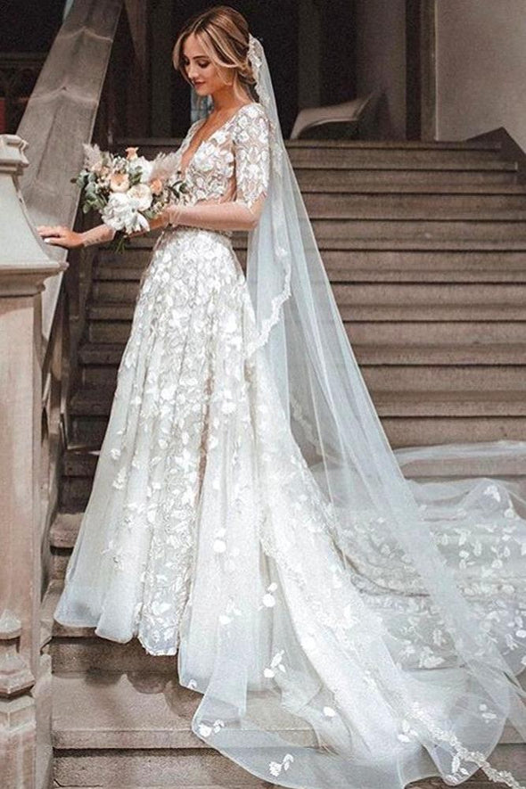 A Line V Neck Half Sleeves Lace Wedding Dresses TB1418