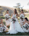 Unique Lace V Neck A Line Bohemian Long Wedding Dresses TB1407