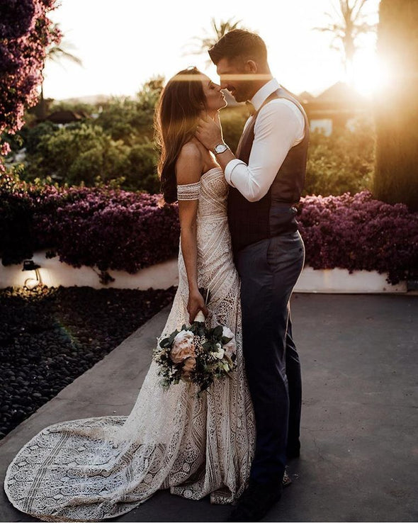 Unique Lace A Line Nude Lining Long Wedding Dresses TB1400