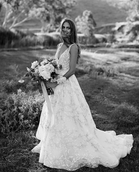 Unique Lace V Neck A Line Bohemian Long Wedding Dresses TB1407