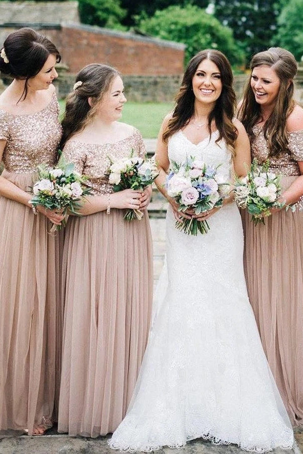 champagne sequin bridesmaid dresses long Sparkly Elegant Mermaid Champagne Cap-sleeve Long Bridesmaid Dresses, SposaBridal