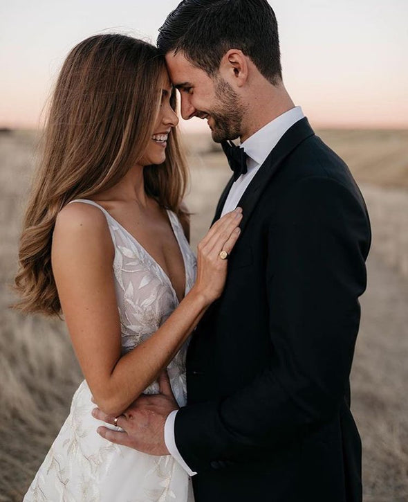Unique Lace V Neck A Line Bohemian Long Wedding Dresses TB1407