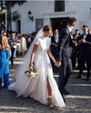 Short Sleeves A Line Soft Satin Open Back Wedding Dresses TB1396