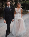 Luxury Lace Flower Garden V Neck White Wedding Dress Nude Lining TB1395