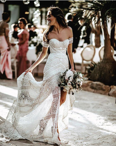 Unique Lace A Line Nude Lining Long Wedding Dresses TB1400