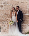 Luxury Lace Flower Garden V Neck White Wedding Dress Nude Lining TB1395