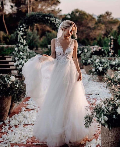 A Line V Neck Illusion Strap Long Wedding Dresses TB1401