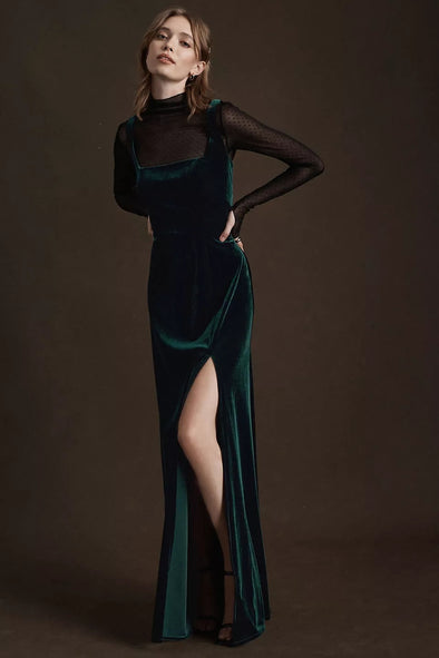 Dark Emerald Square Neck Velvet Dress Backless Bridesmaid Gown