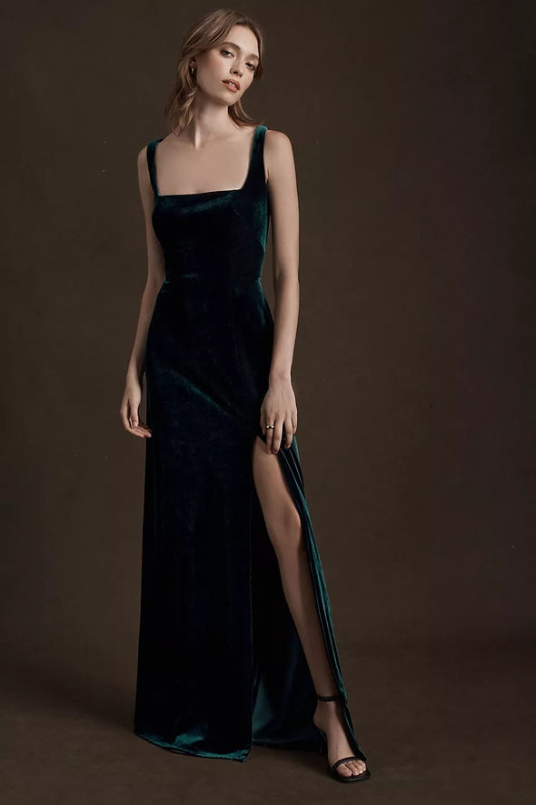 Dark Emerald Square Neck Velvet Dress Backless Bridesmaid Gown TANYA BRIDAL Dark Emerald Square Neck Velvet Dress Backless Bridesmaid Gown TANYA BRIDAL